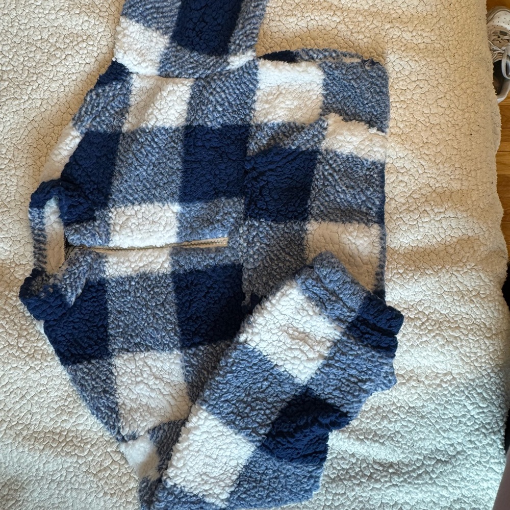 Blue and White checkered crop top zip up